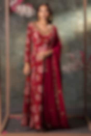 Pink Crepe Floral Printed Anarkali With Dupatta by Mehak Murpana at Pernia's Pop Up Shop