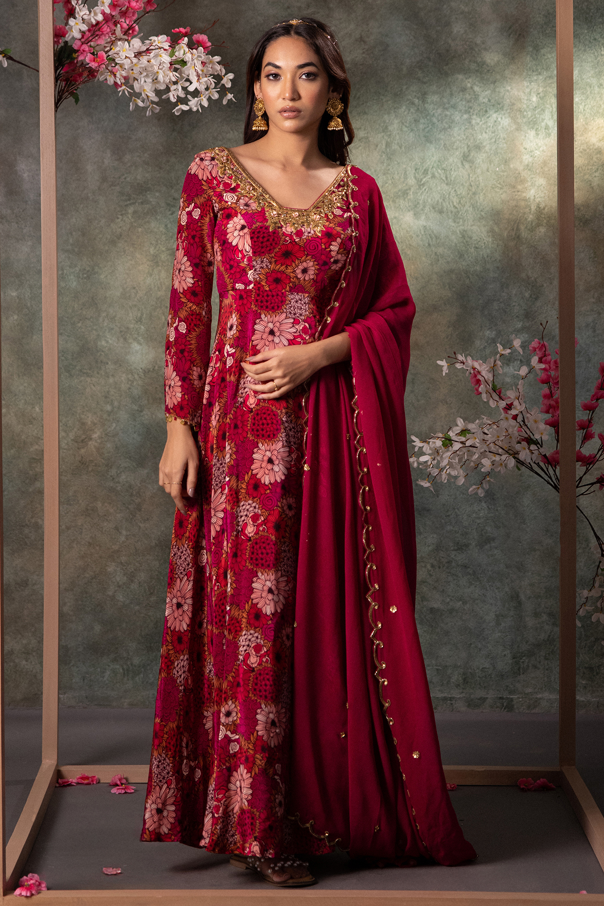 Pink Crepe Floral Printed Anarkali With Dupatta by Mehak Murpana at Pernia's Pop Up Shop