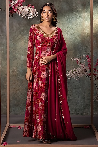 Pink Crepe Floral Printed Anarkali With Dupatta by Mehak Murpana