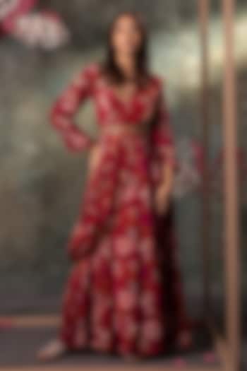 Pink Crepe Floral Printed Anarkali With Belt by Mehak Murpana at Pernia's Pop Up Shop