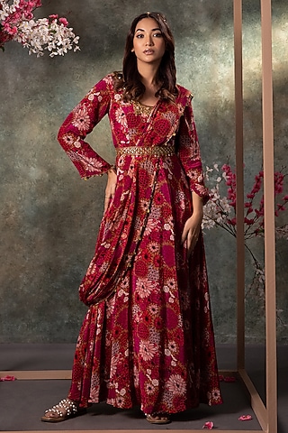 Pink Crepe Floral Printed Anarkali With Belt by Mehak Murpana