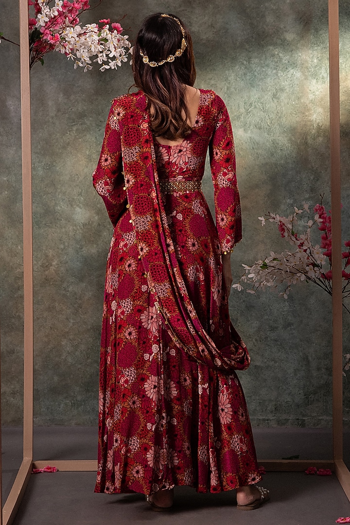 Pink Crepe Floral Printed Party Wear Anarkali With Belt by Mehak Murpana at Pernia's Pop Up Shop