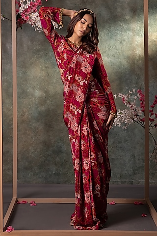 Pink Crepe Floral Printed Pre-Draped Saree Set by Mehak Murpana