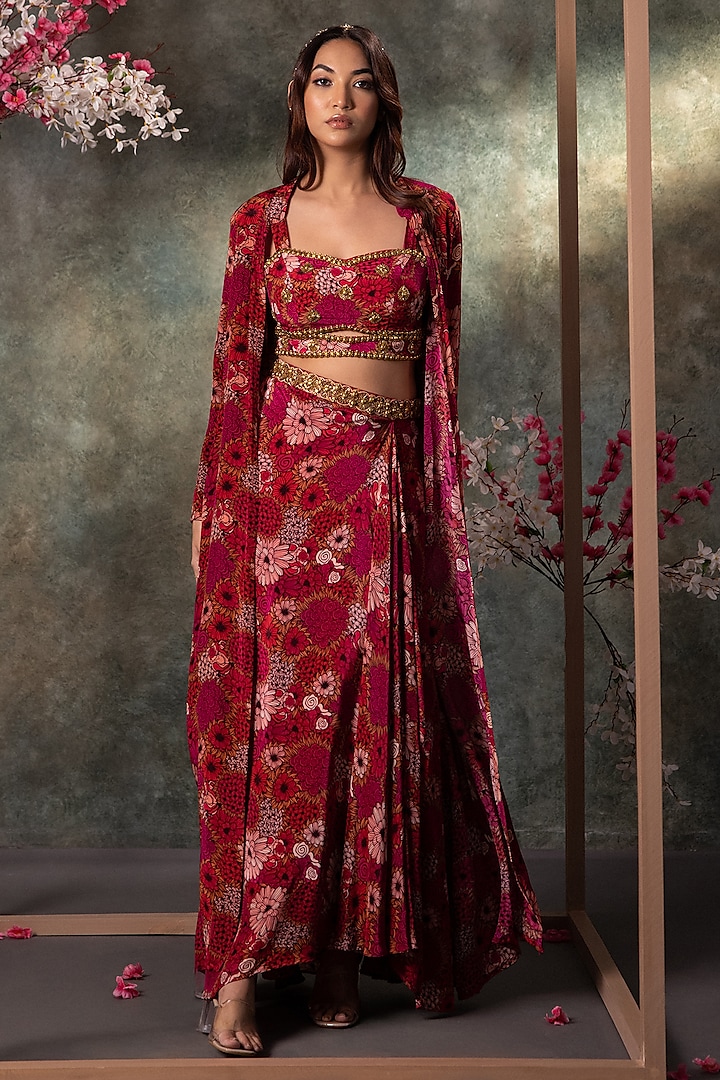 Pink Crepe Floral Printed Draped Skirt Set by Mehak Murpana at Pernia's Pop Up Shop