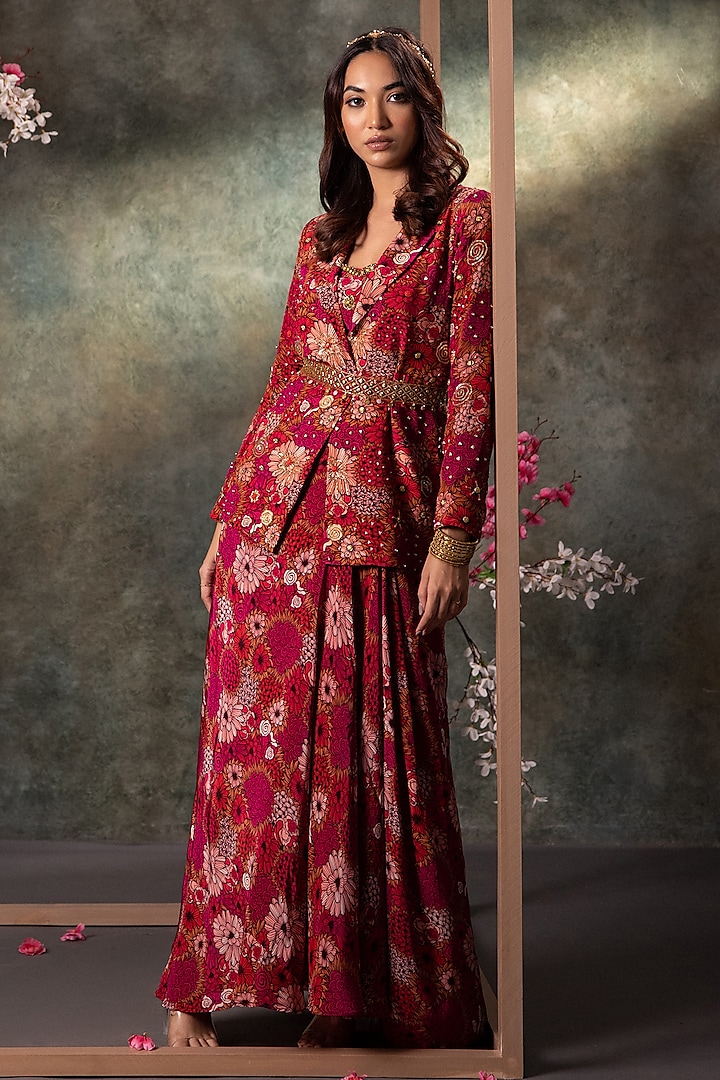 Pink Crepe Floral Printed Draped Skirt Set by Mehak Murpana at Pernia's Pop Up Shop