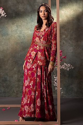 Pink Crepe Floral Printed Draped Skirt Set by Mehak Murpana