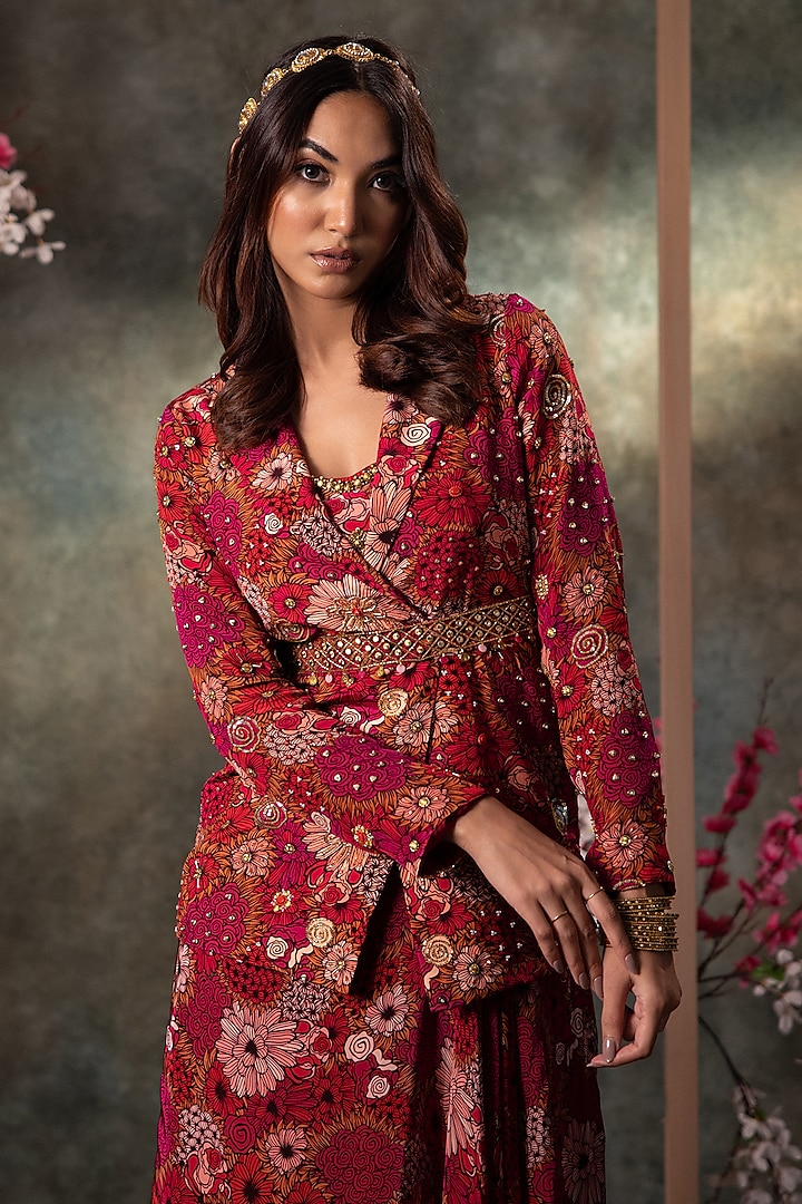 Pink Crepe Floral Printed Draped Skirt Set by Mehak Murpana at Pernia's Pop Up Shop