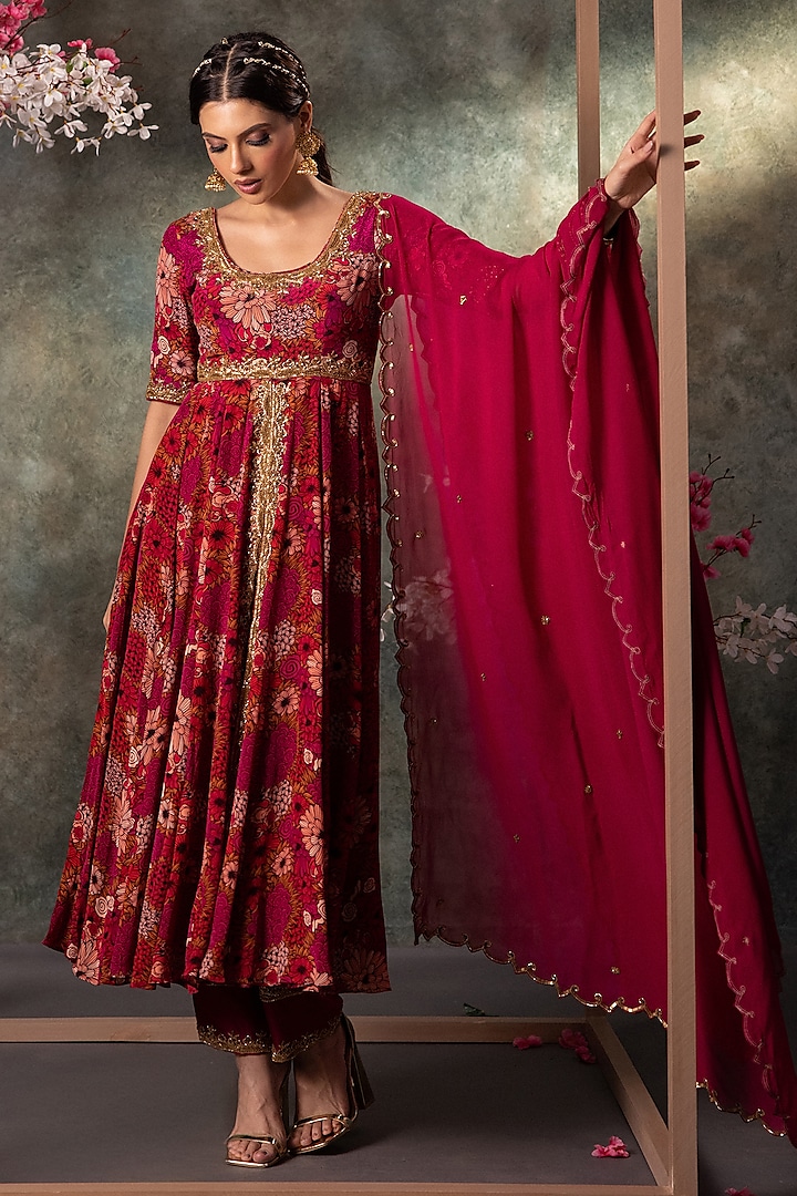Pink Crepe Floral Printed Anarkali Set by Mehak Murpana at Pernia's Pop Up Shop