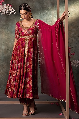 Pink Crepe Floral Printed Anarkali Set by Mehak Murpana