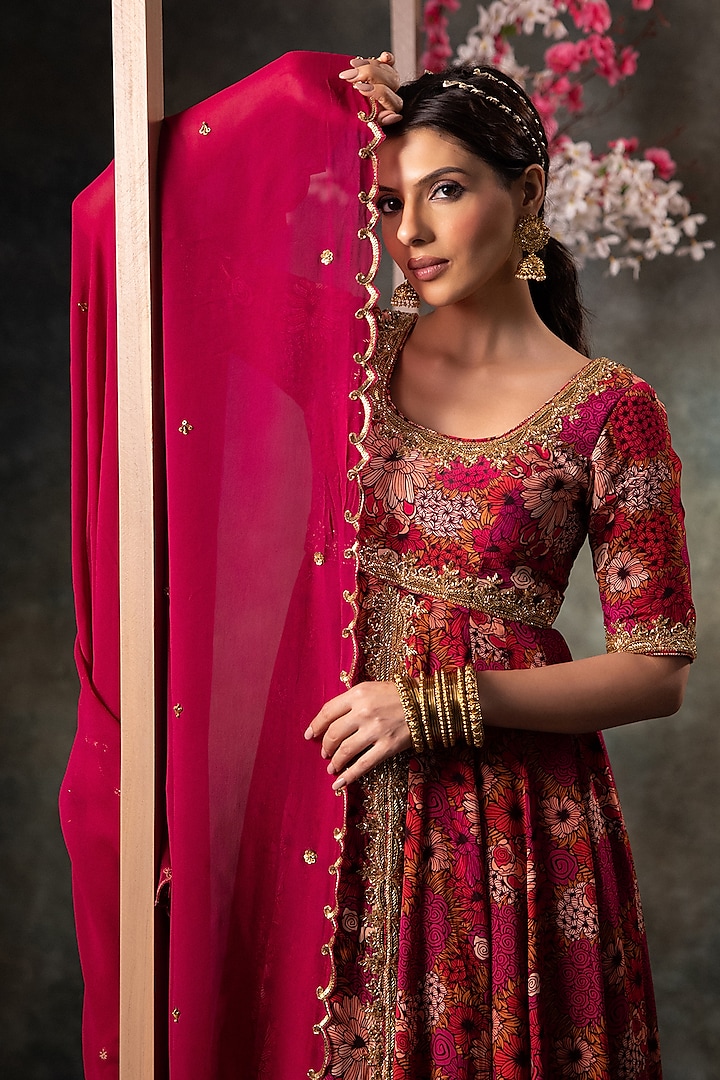 Pink Crepe Floral Printed Wedding Anarkali Set by Mehak Murpana at Pernia's Pop Up Shop