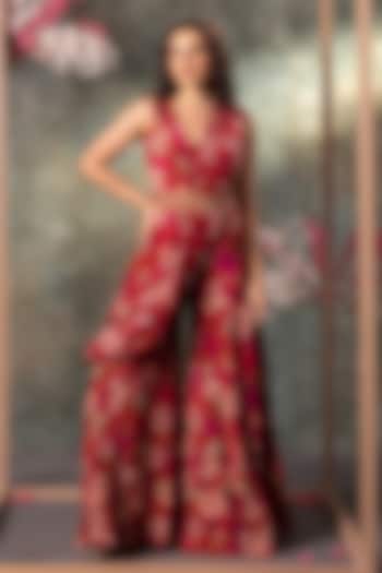 Pink Crepe Floral Motifs Embroidered Pre-Draped Jumpsuit With Belt by Mehak Murpana at Pernia's Pop Up Shop