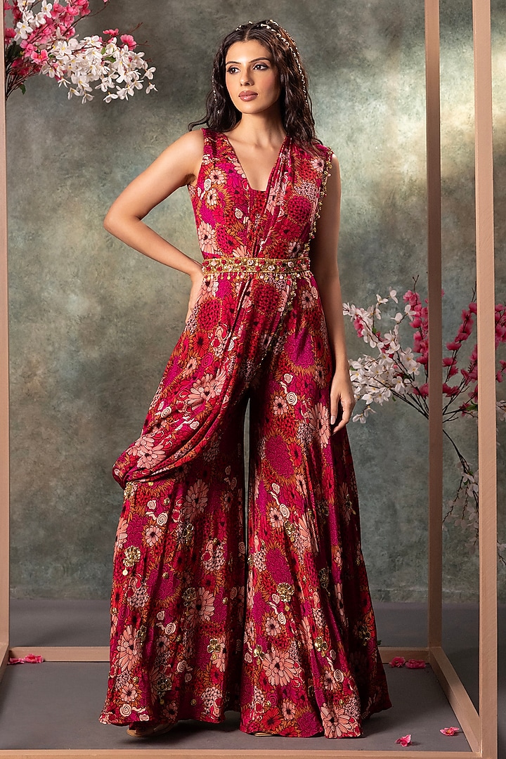 Pink Crepe Floral Motifs Embroidered Pre-Draped Jumpsuit With Belt by Mehak Murpana at Pernia's Pop Up Shop
