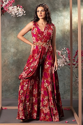 Pink Crepe Floral Motifs Embroidered Pre-Draped Jumpsuit With Belt by Mehak Murpana