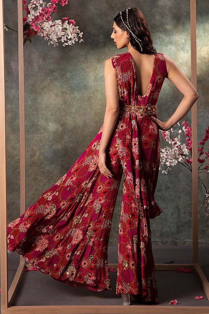 Pink Crepe Floral Motifs Embroidered Pre-Draped Jumpsuit With Belt by Mehak Murpana at Pernia's Pop Up Shop