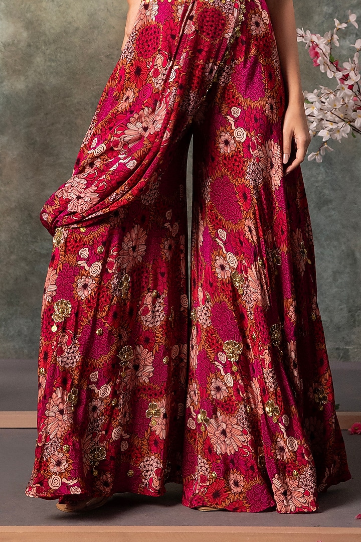 Pink Crepe Floral Motifs Embroidered Pre-Draped Jumpsuit With Belt by Mehak Murpana at Pernia's Pop Up Shop