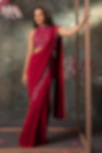Pink Crepe Embroidered Pre-Draped Wedding Saree Set by Mehak Murpana at Pernia's Pop Up Shop