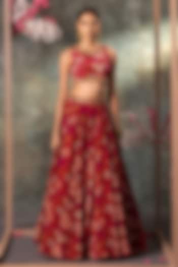 Pink Crepe Floral Printed & Embroidered Wedding Lehenga Set by Mehak Murpana at Pernia's Pop Up Shop