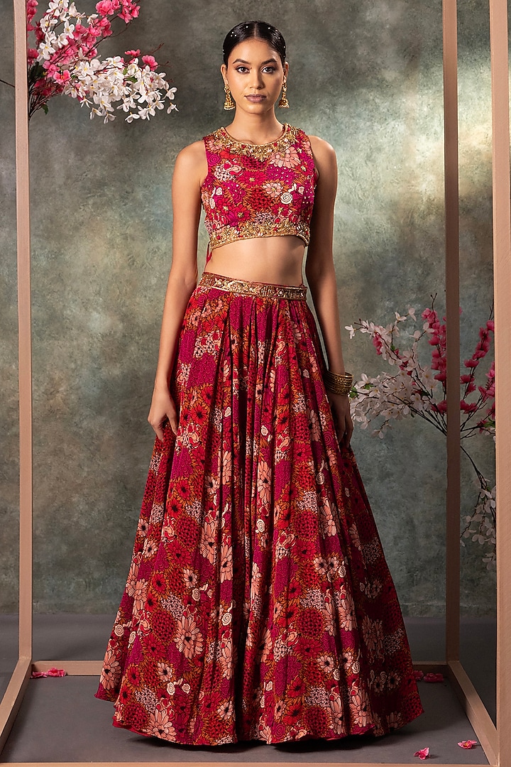 Pink Crepe Floral Printed & Embroidered Wedding Lehenga Set by Mehak Murpana at Pernia's Pop Up Shop