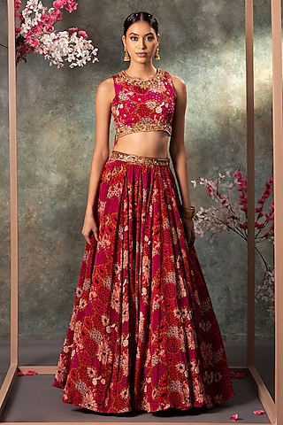 Pink Crepe Floral Printed & Embroidered Lehenga Set by Mehak Murpana