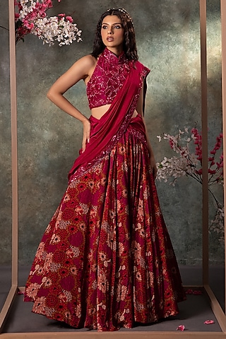Pink Crepe Printed & Embroidered Lehenga Set by Mehak Murpana