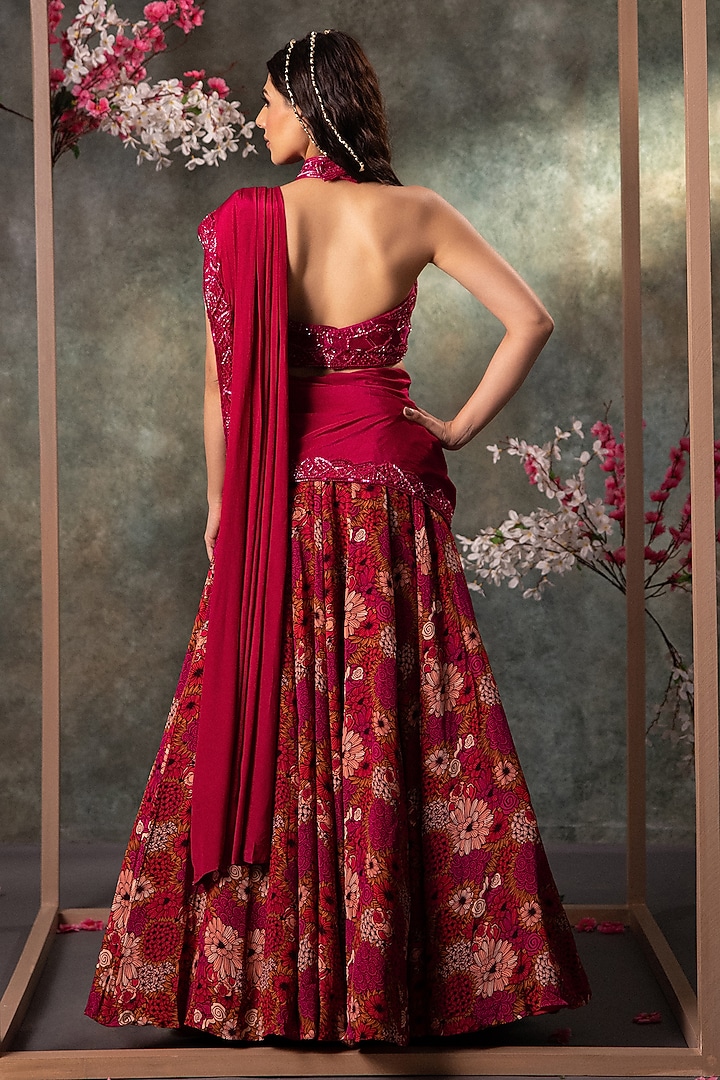 Pink Crepe Printed & Embroidered Wedding Lehenga Set by Mehak Murpana at Pernia's Pop Up Shop