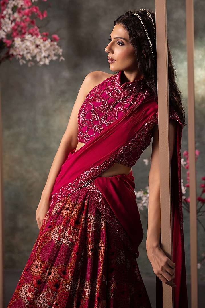 Pink Crepe Printed & Embroidered Wedding Lehenga Set by Mehak Murpana at Pernia's Pop Up Shop
