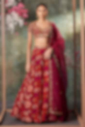 Pink Crepe Printed Flared Wedding Lehenga Set by Mehak Murpana at Pernia's Pop Up Shop