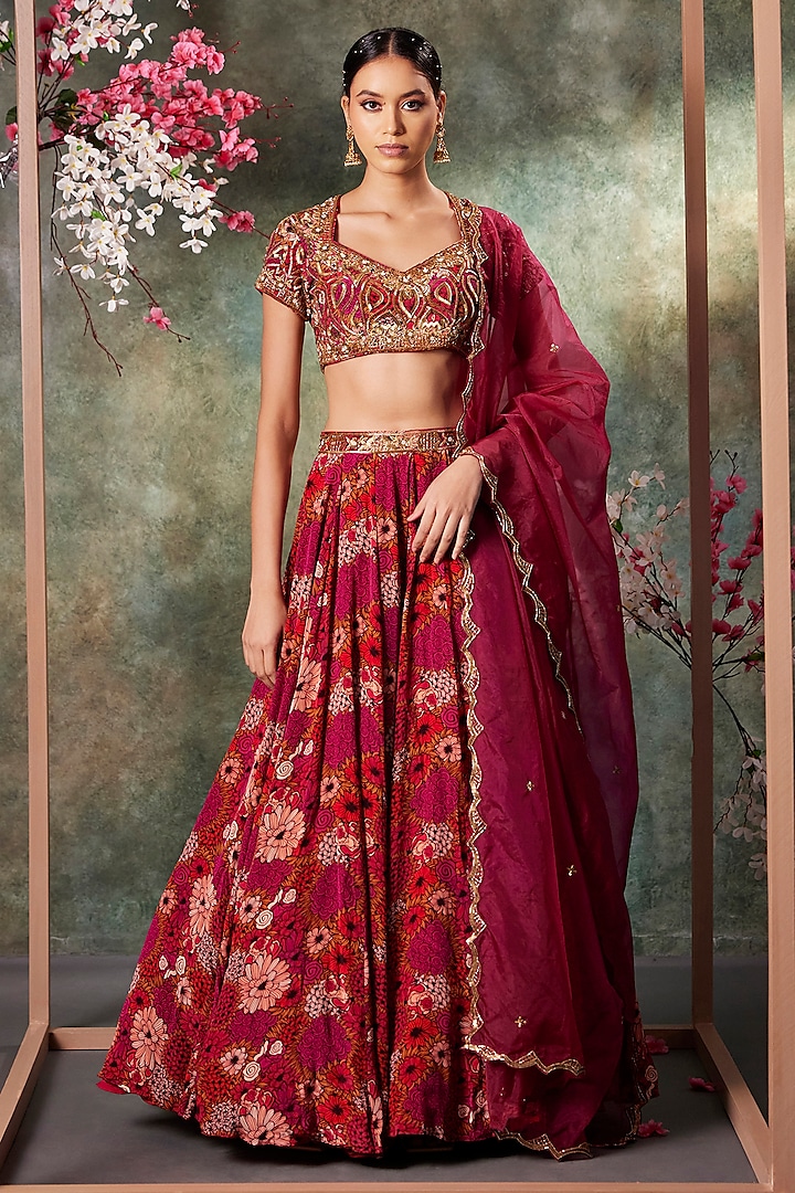 Pink Crepe Printed Flared Wedding Lehenga Set by Mehak Murpana at Pernia's Pop Up Shop