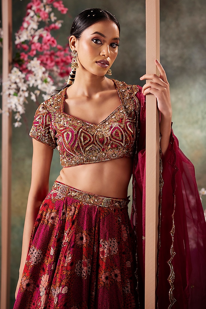 Pink Crepe Printed Flared Wedding Lehenga Set by Mehak Murpana at Pernia's Pop Up Shop