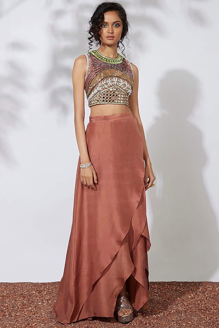 Burnt Orange Skirt With Embroidered Top by Mehak Murpana