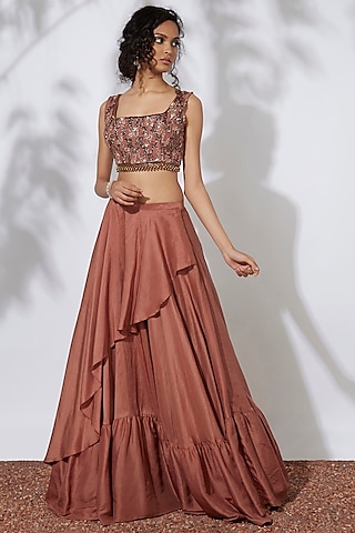 Burnt Orange Lehenga With Embroidered Choli by Mehak Murpana