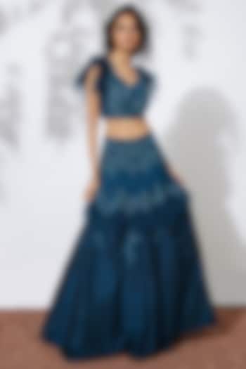 Teal Embroidered Wedding Lehenga With Crop Top by Mehak Murpana at Pernia's Pop Up Shop