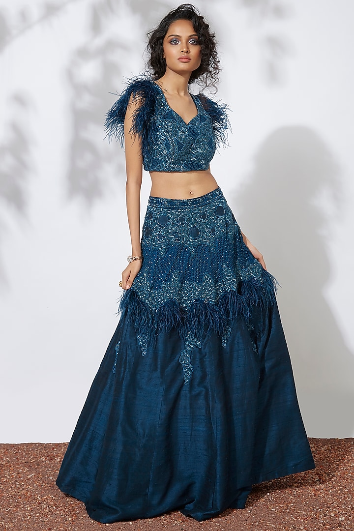 Teal Embroidered Lehenga With Crop Top by Mehak Murpana