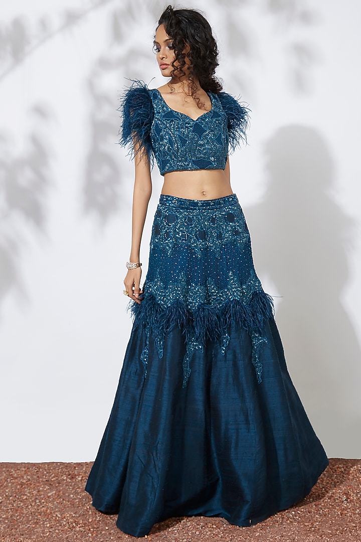 Teal Embroidered Wedding Lehenga With Crop Top by Mehak Murpana at Pernia's Pop Up Shop