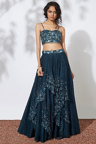Teal Embroidered Lehenga With Choli by Mehak Murpana