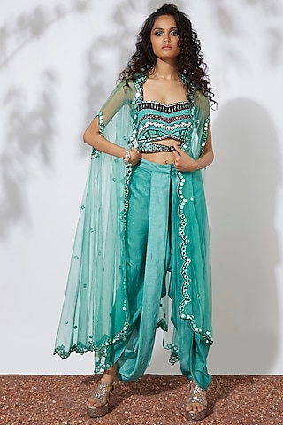 Aqua Green Embroidered Cape Set by Mehak Murpana