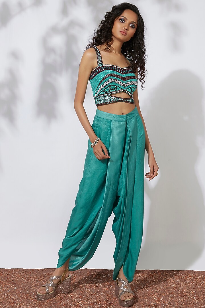 Aqua Green Embroidered Cape Set by Mehak Murpana at Pernia's Pop Up Shop