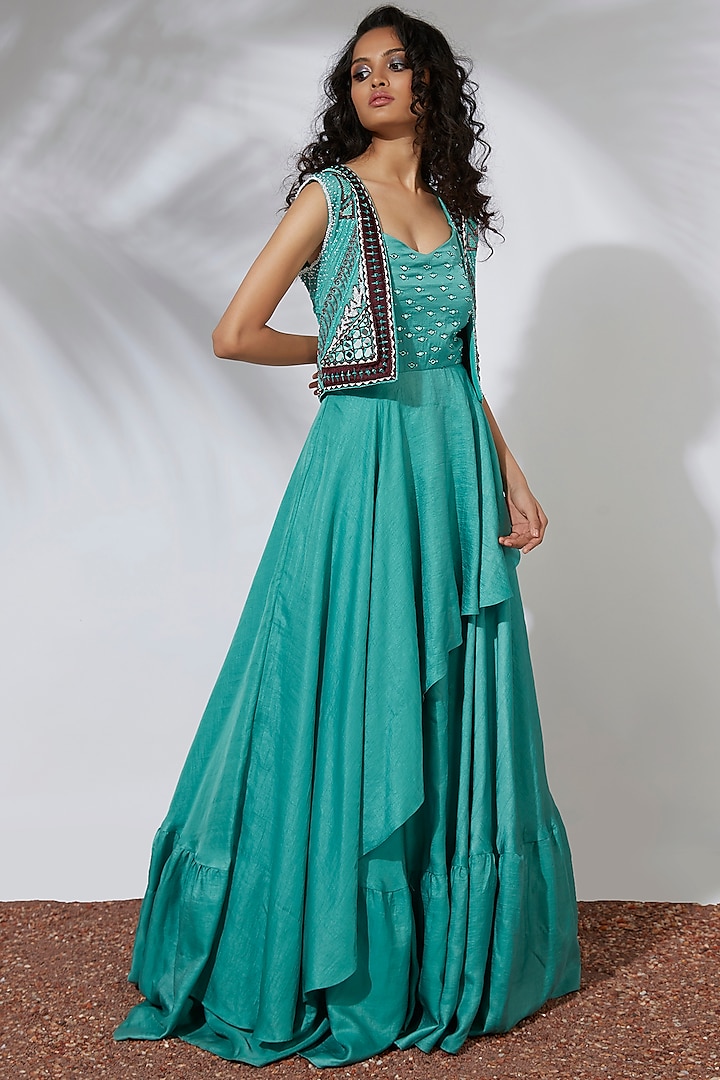 Aqua Green Anarkali With Embroidered Jacket by Mehak Murpana