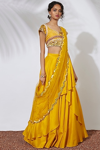 Yellow Embroidered Lehenga Set by Mehak Murpana
