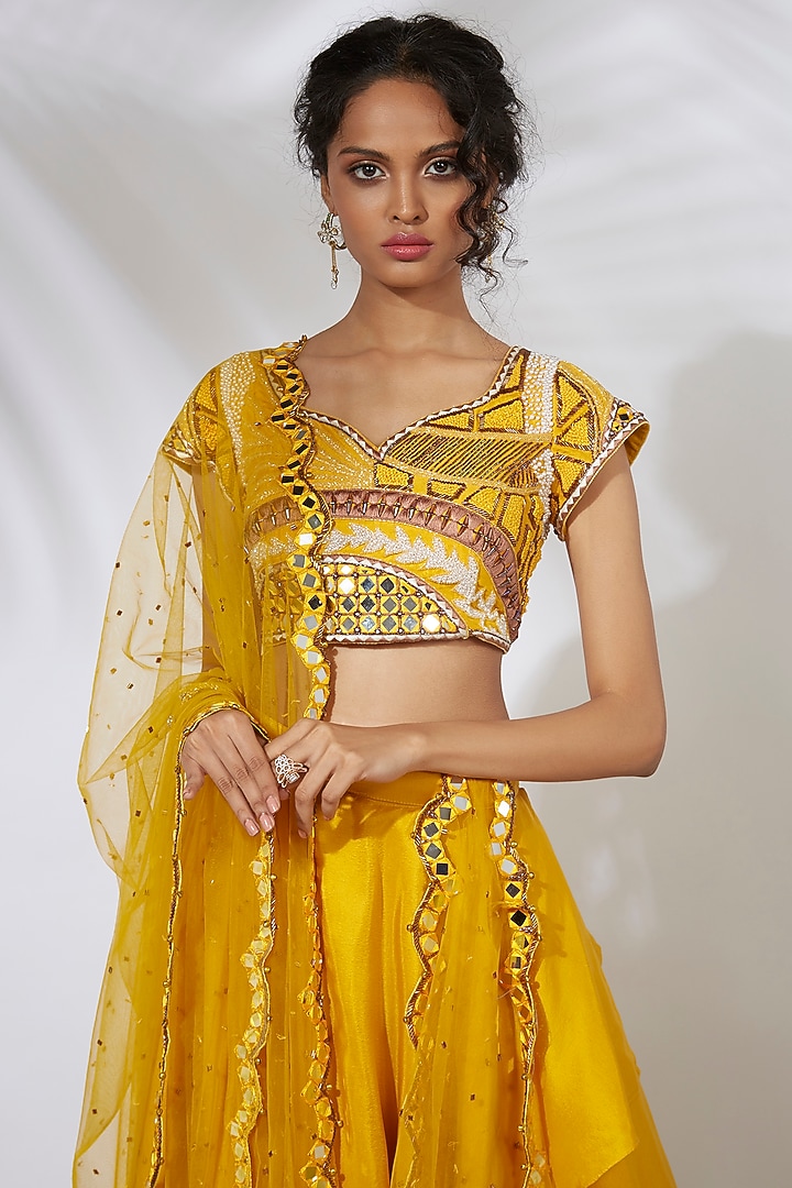 Yellow Embroidered Wedding Lehenga Set by Mehak Murpana at Pernia's Pop Up Shop