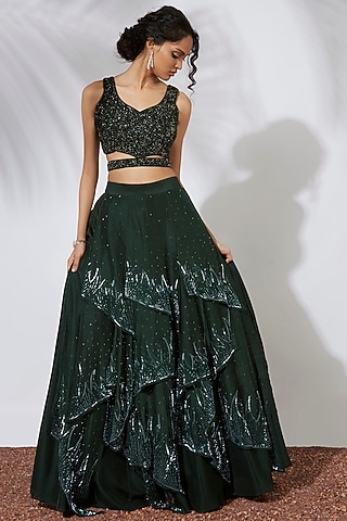 Teal Embroidered Lehenga With Choli by Mehak Murpana