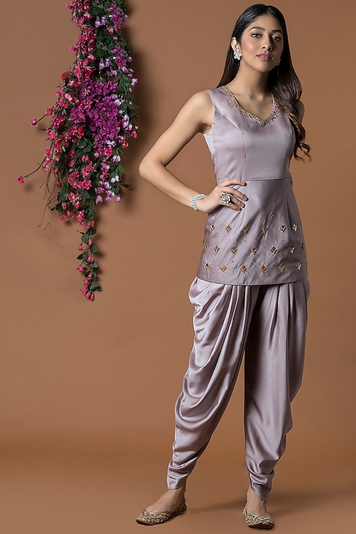 Coffee Brown Milano Satin Draped Dhoti Set by Mehak Murpana at Pernia's Pop Up Shop