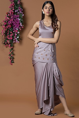 Coffee Brown Milano Satin Draped Skirt Set by Mehak Murpana