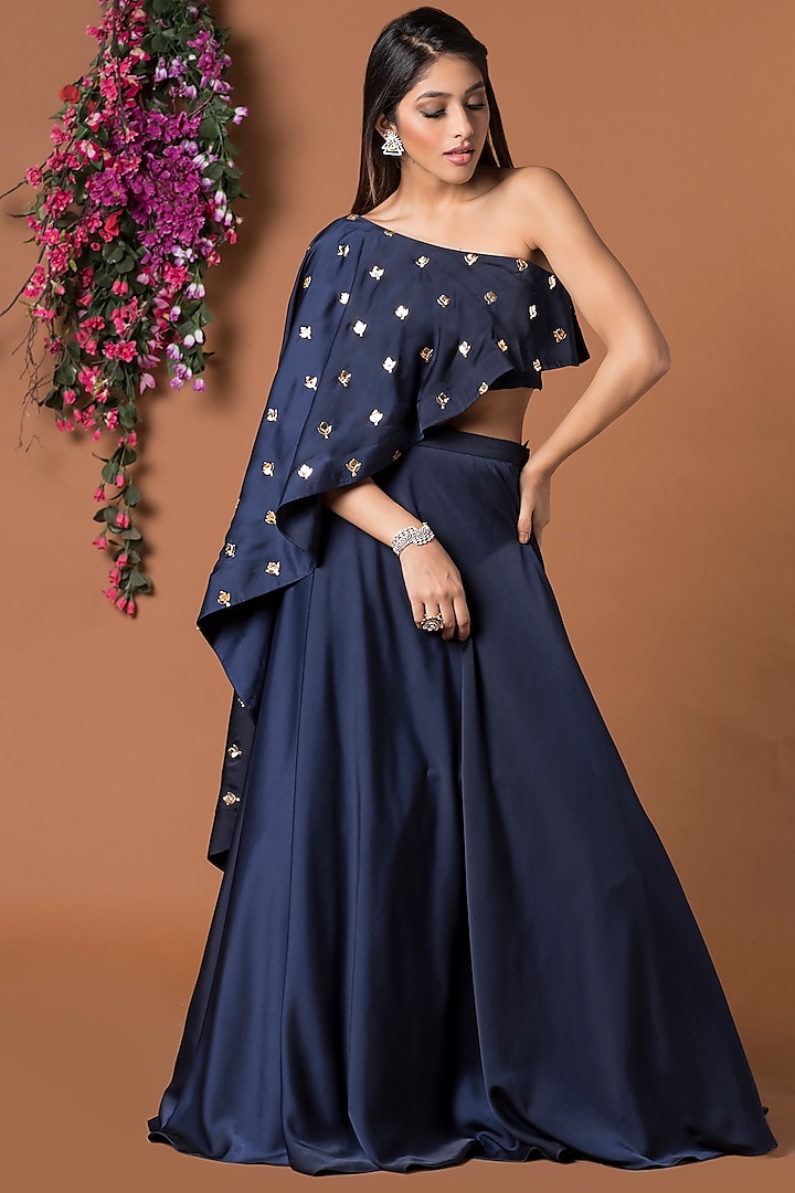 Navy Blue Milano Satin Wedding Lehenga Set by Mehak Murpana at Pernia's Pop Up Shop