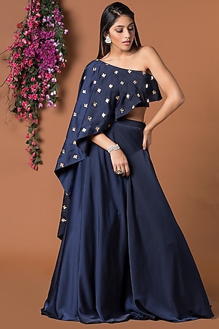 Navy Blue Milano Satin Lehenga Set by Mehak Murpana