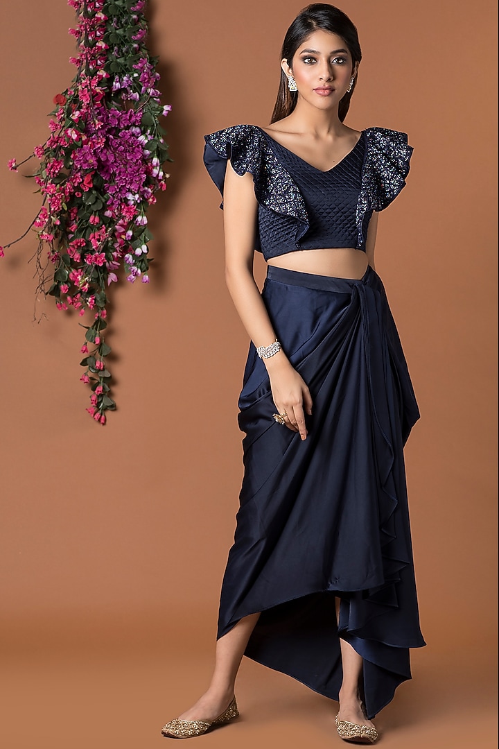 Navy Blue Milano Satin Draped Skirt Set by Mehak Murpana at Pernia's Pop Up Shop
