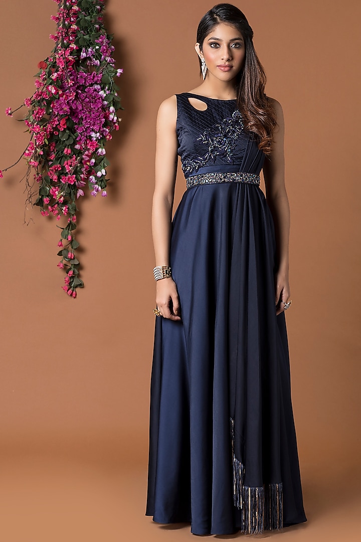 Navy Blue Milano Satin Party Wear Gown by Mehak Murpana at Pernia's Pop Up Shop