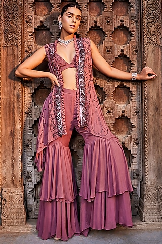 Rose Pink Georgette Sharara Set by Mehak Murpana