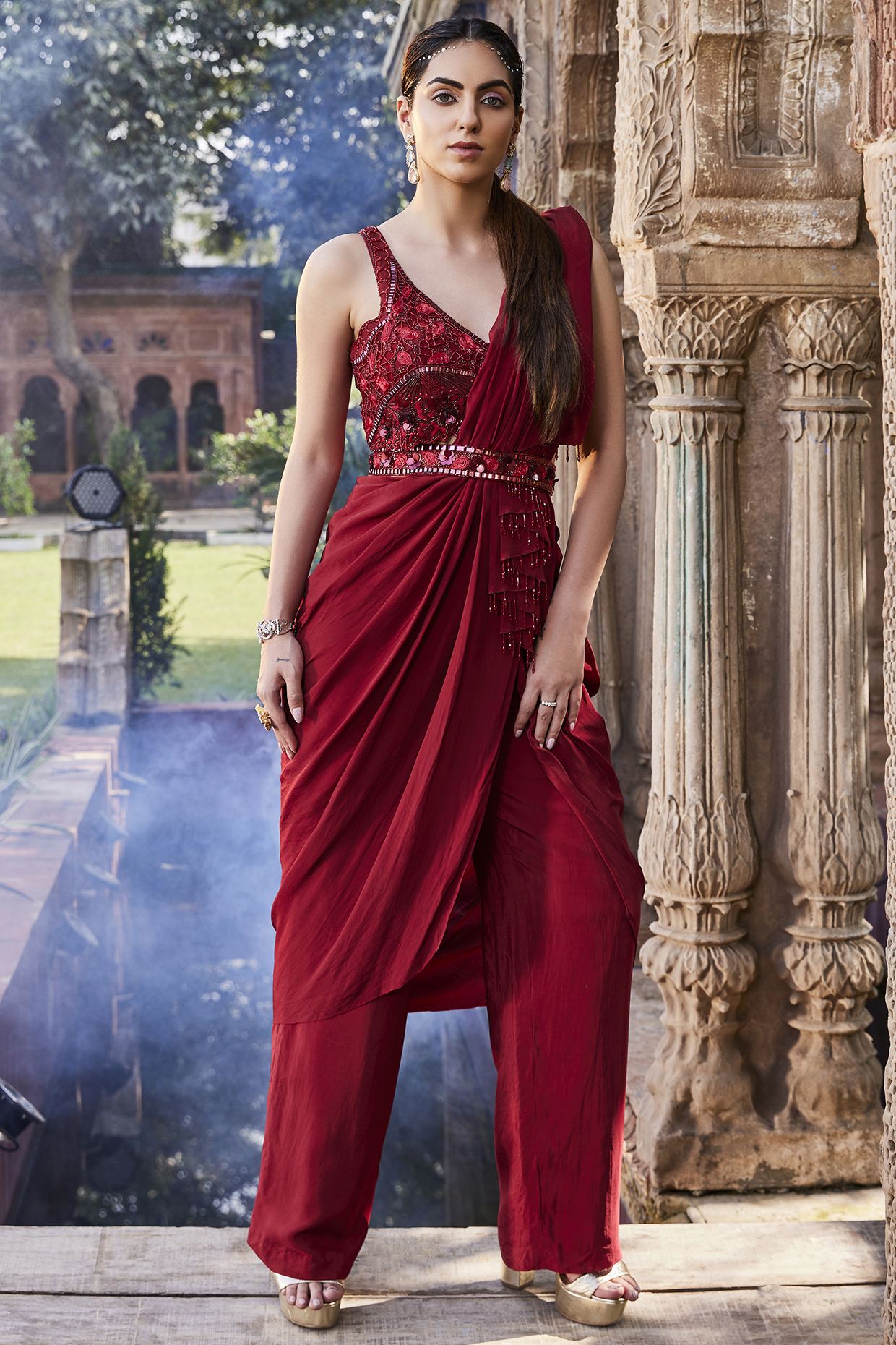 Red Crepe Pant Wedding Saree Set by Mehak Murpana at Pernia's Pop Up Shop