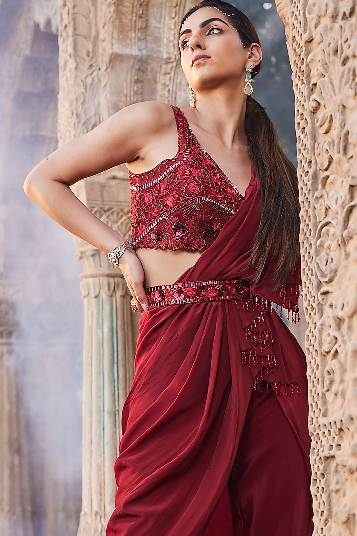 Red Crepe Pant Wedding Saree Set by Mehak Murpana at Pernia's Pop Up Shop
